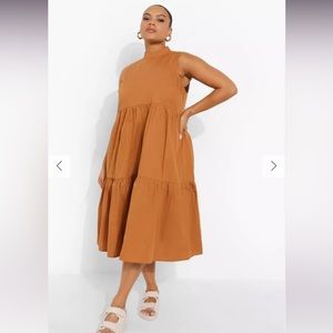 NWT BOOHOO PLUS COTTON HIGH NECK TIERED MIDI DRESS IN TAN